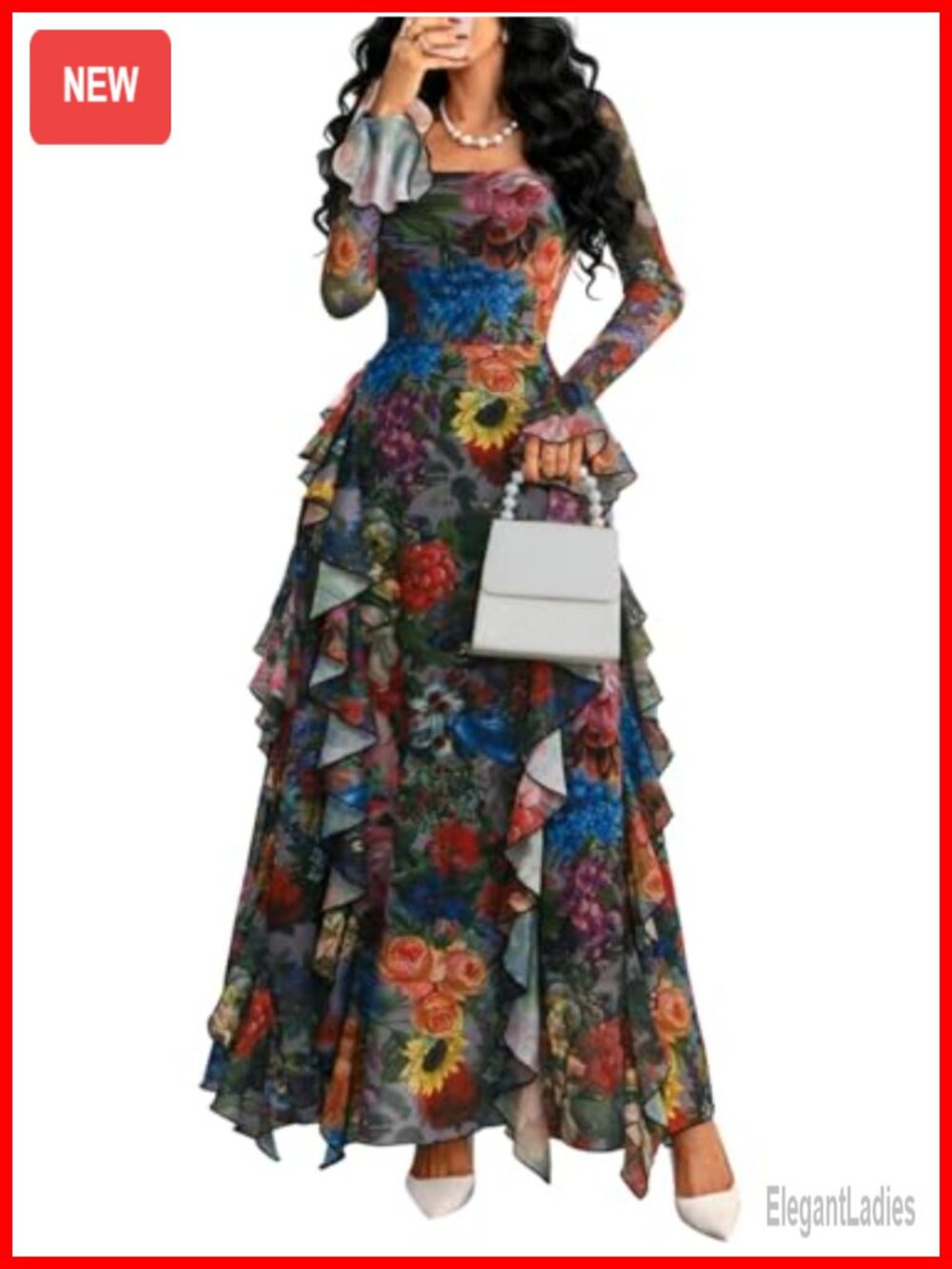 Women's Floral Mesh Long Sleeve Square Neck Tiered Ruffle Maxi Dress